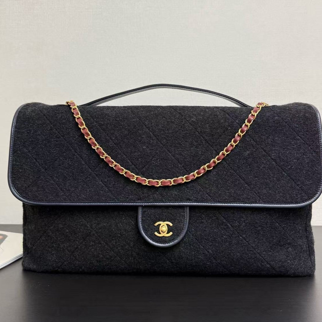 CC 2025 Maxi Flap Bag With Top Handle 56cm Black Wool Leather