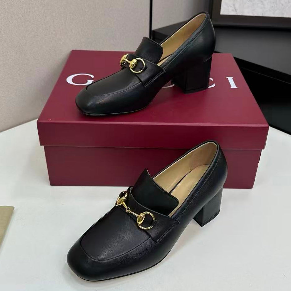 Gucci 2025 Lady Horsebit Loafer Pump Black Gold Leather