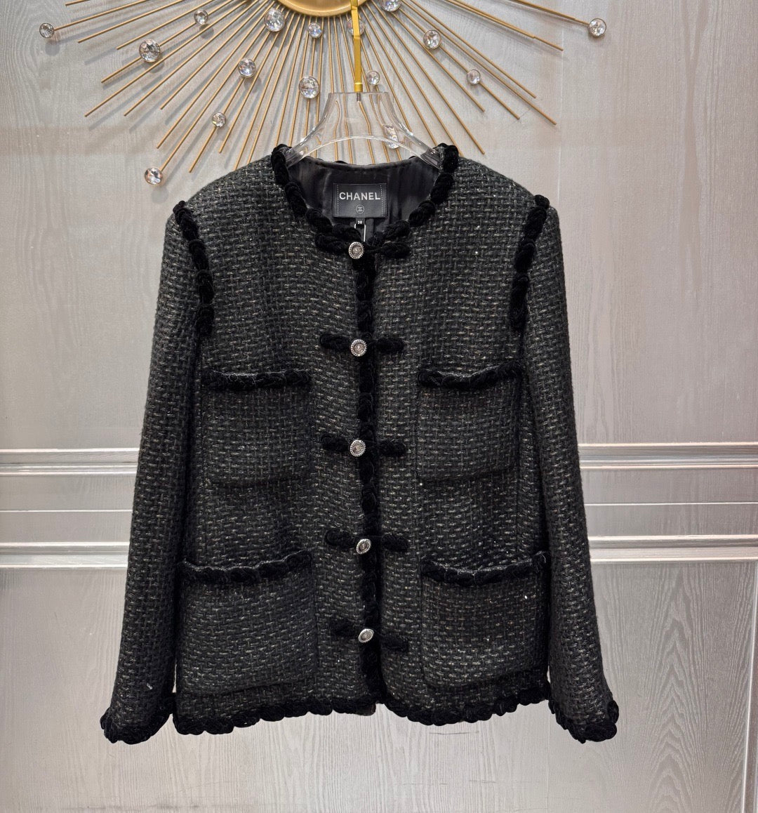 Chanel 2025 Jacket With Four Pockets And Velvet Trimblack Tweed