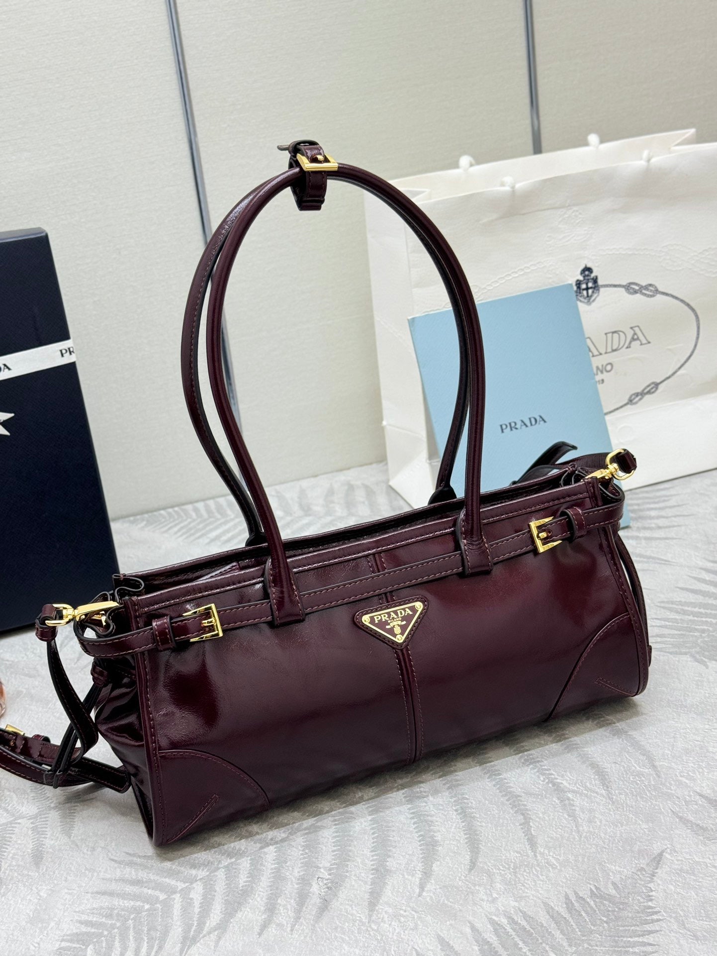 Prada Bonnie 32cm Bag Burgundy Calfskin
