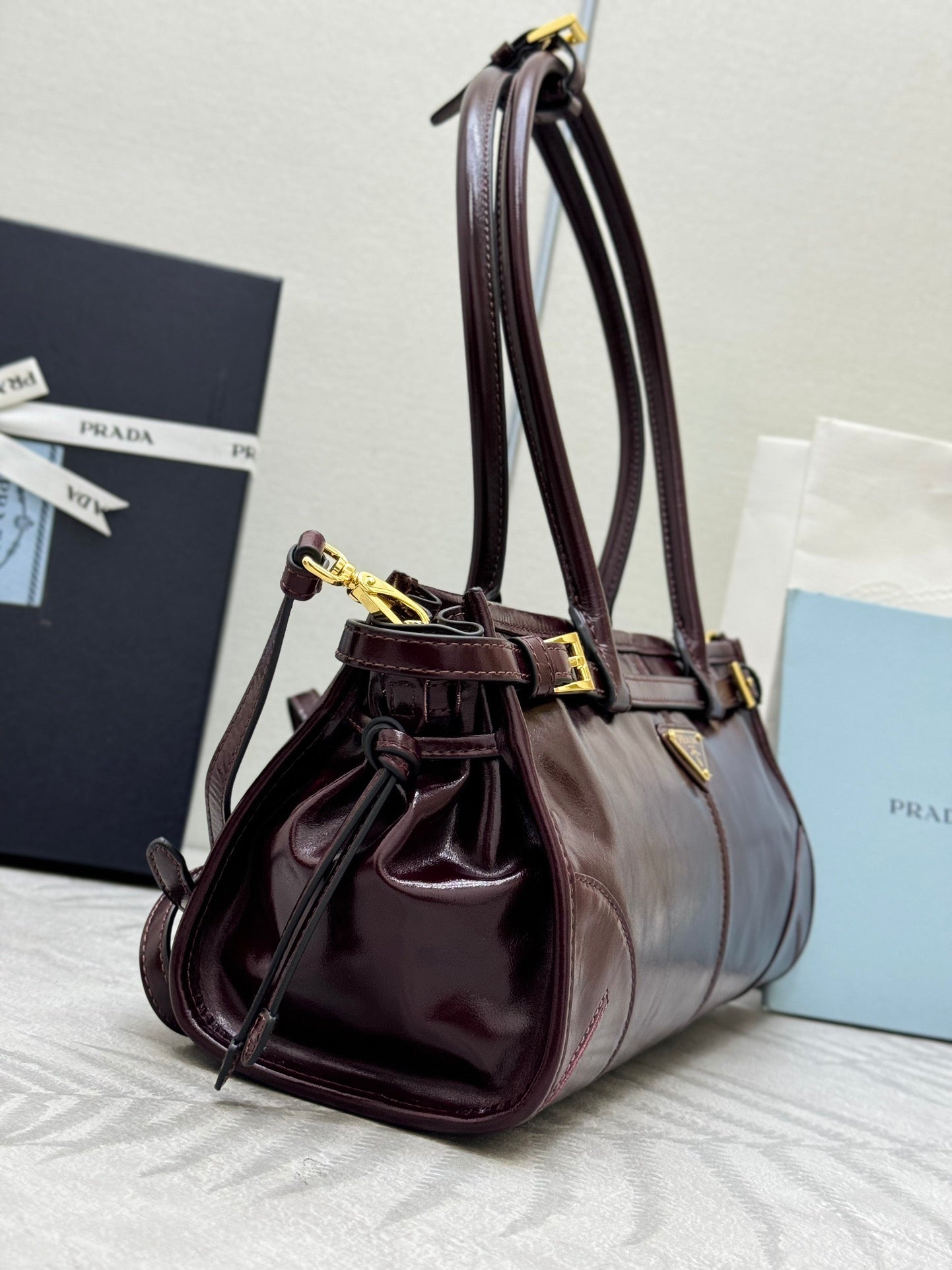 Prada Bonnie 32cm Bag Burgundy Calfskin