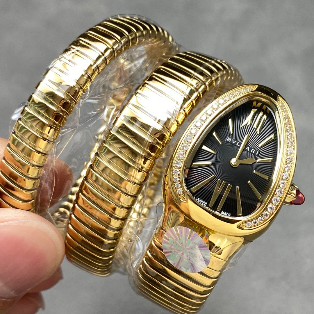 Bvlgari Serpenti Tubogas 35mm Diamond Gold Double Spiral Black Dial Watch