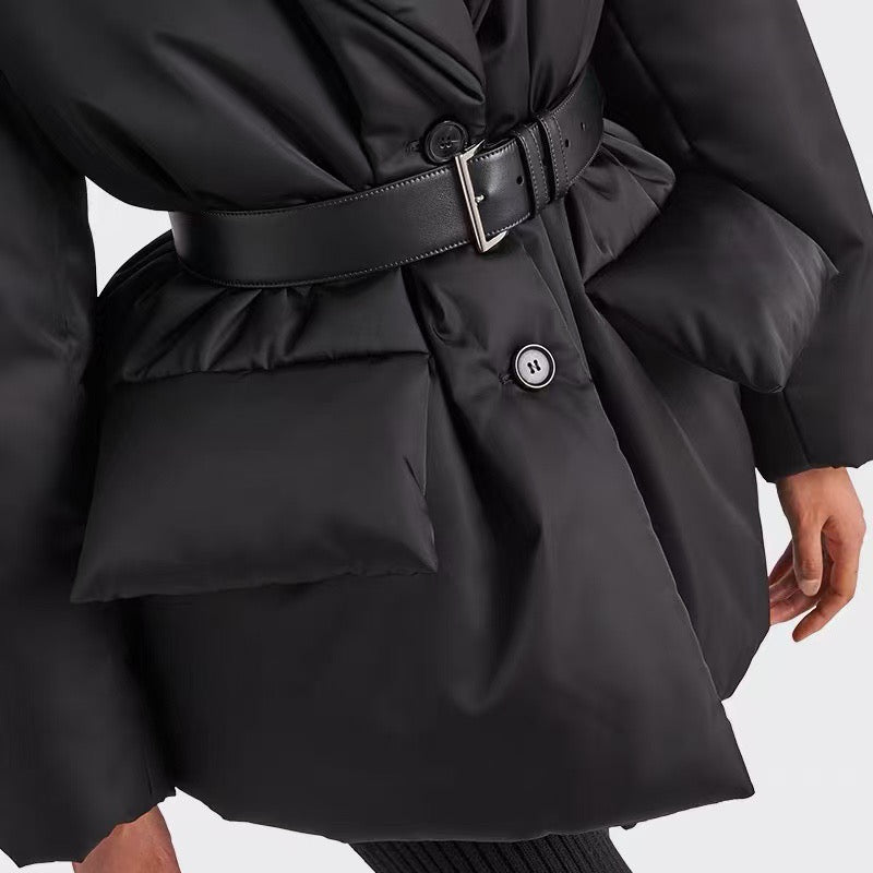 Prada 2025 Re-Nylon Down Jacket With Wide Lapels And A Belt