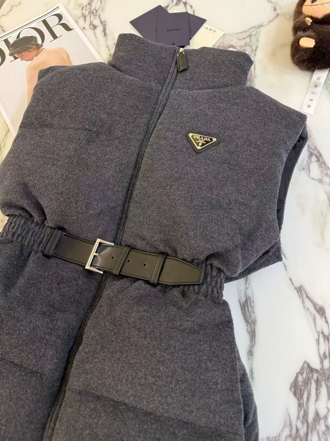 Prada 2025 Belted Down Vest Gray Wool