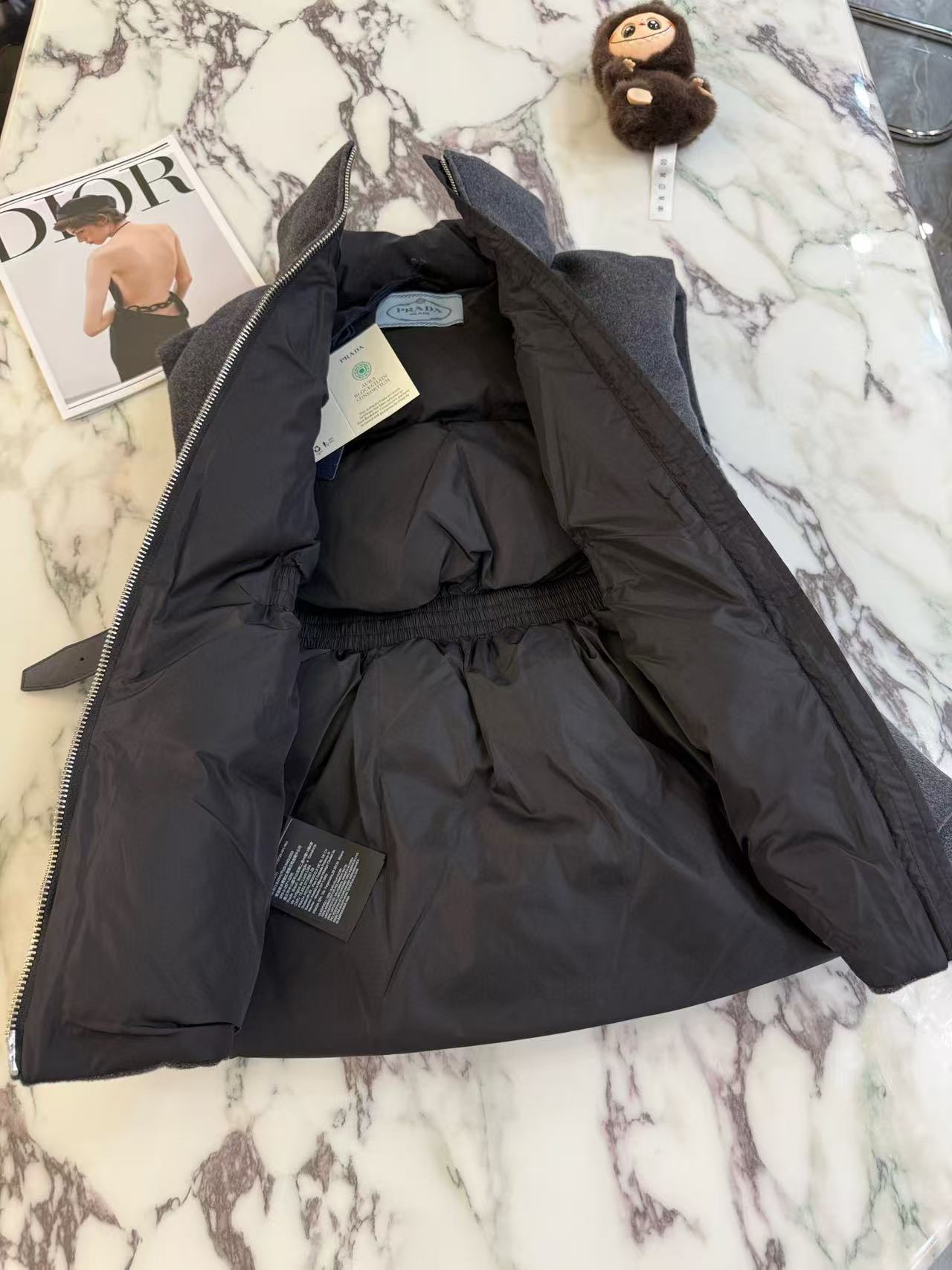 Prada 2025 Belted Down Vest Gray Wool