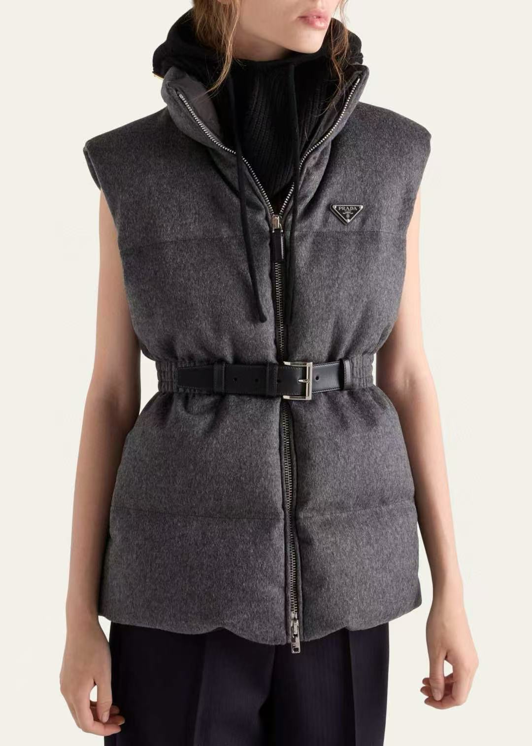 Prada 2025 Belted Down Vest Gray Wool