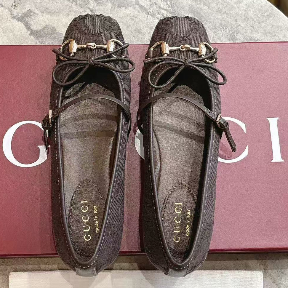 GC 25 Horsebit Ballet Flat Chocolate Brown Monogram Canvas Leather