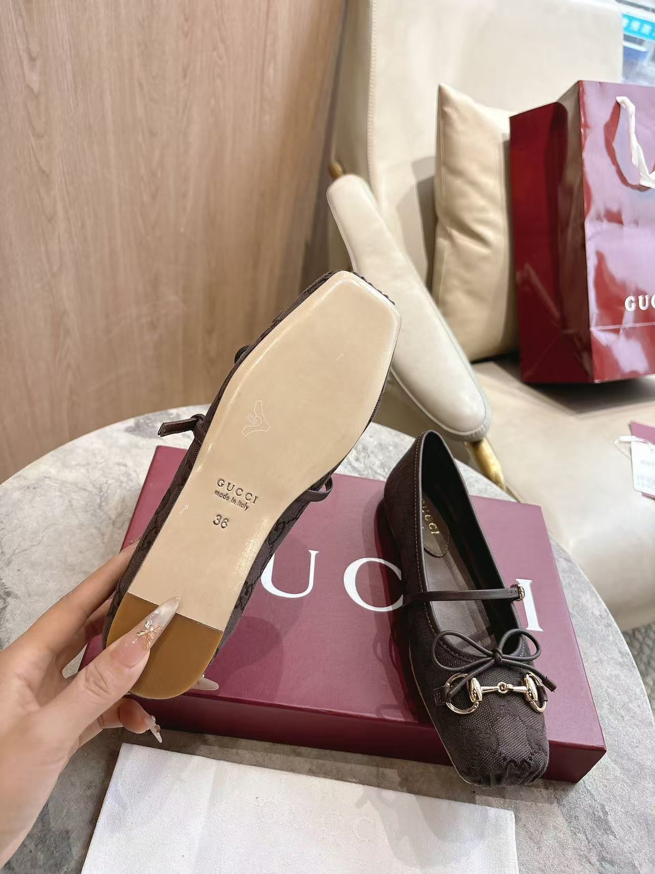 GC 25 Horsebit Ballet Flat Chocolate Brown Monogram Canvas Leather