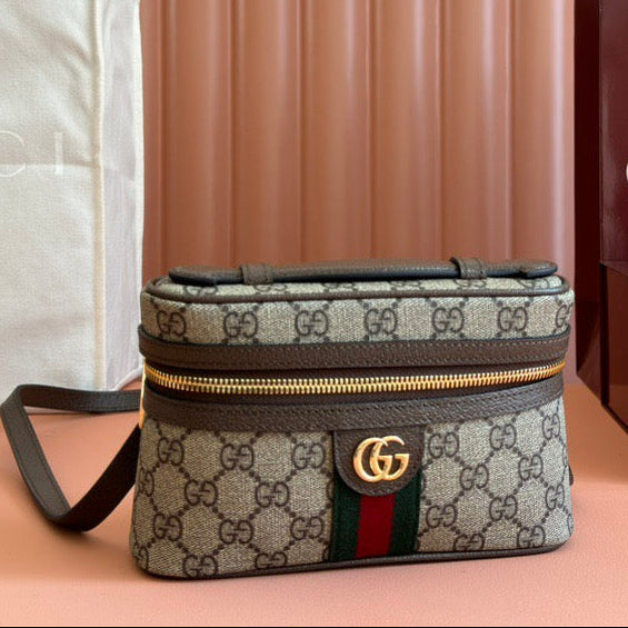 Gucci 2025 Ophidia Vanity 20cm Bag Beige And Dark Brown Canvas Leather