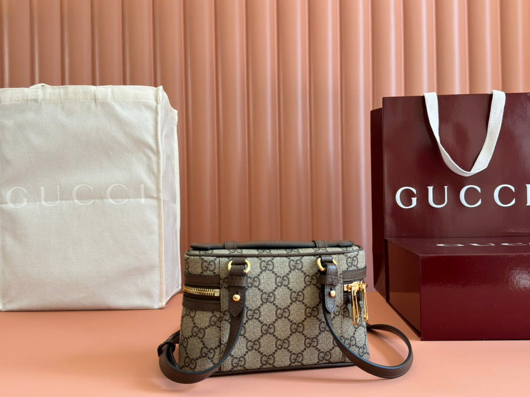 Gucci 2025 Ophidia Vanity 20cm Bag Beige And Dark Brown Canvas Leather