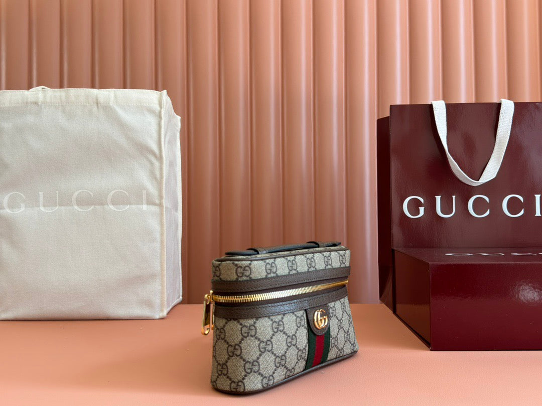 Gucci 2025 Ophidia Vanity 20cm Bag Beige And Dark Brown Canvas Leather