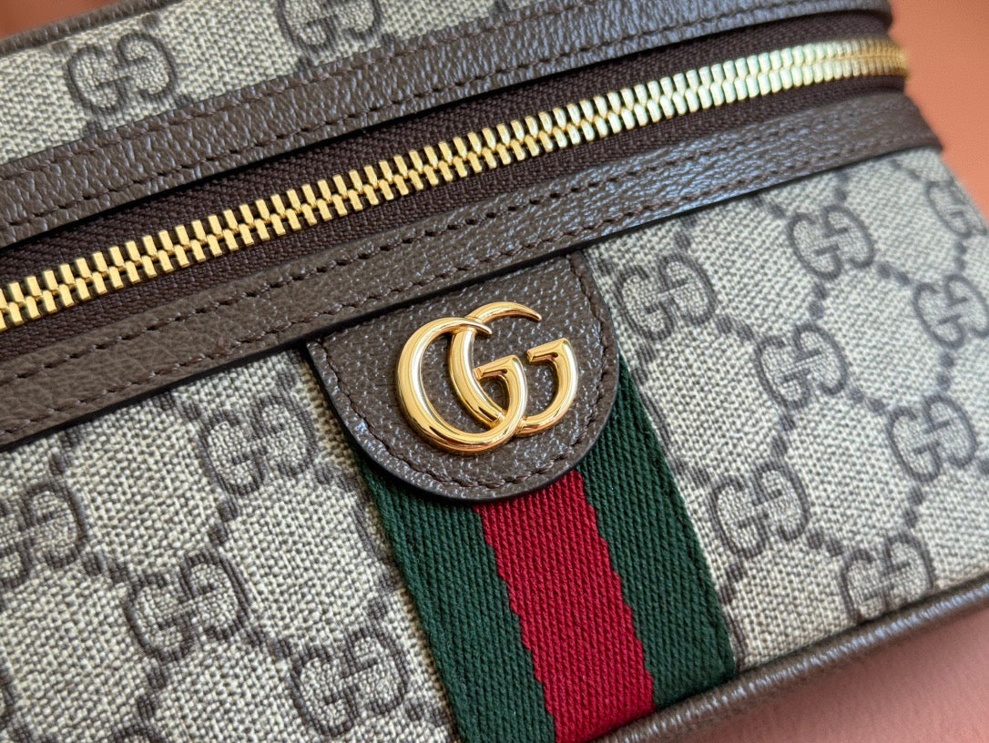 Gucci 2025 Ophidia Vanity 20cm Bag Beige And Dark Brown Canvas Leather