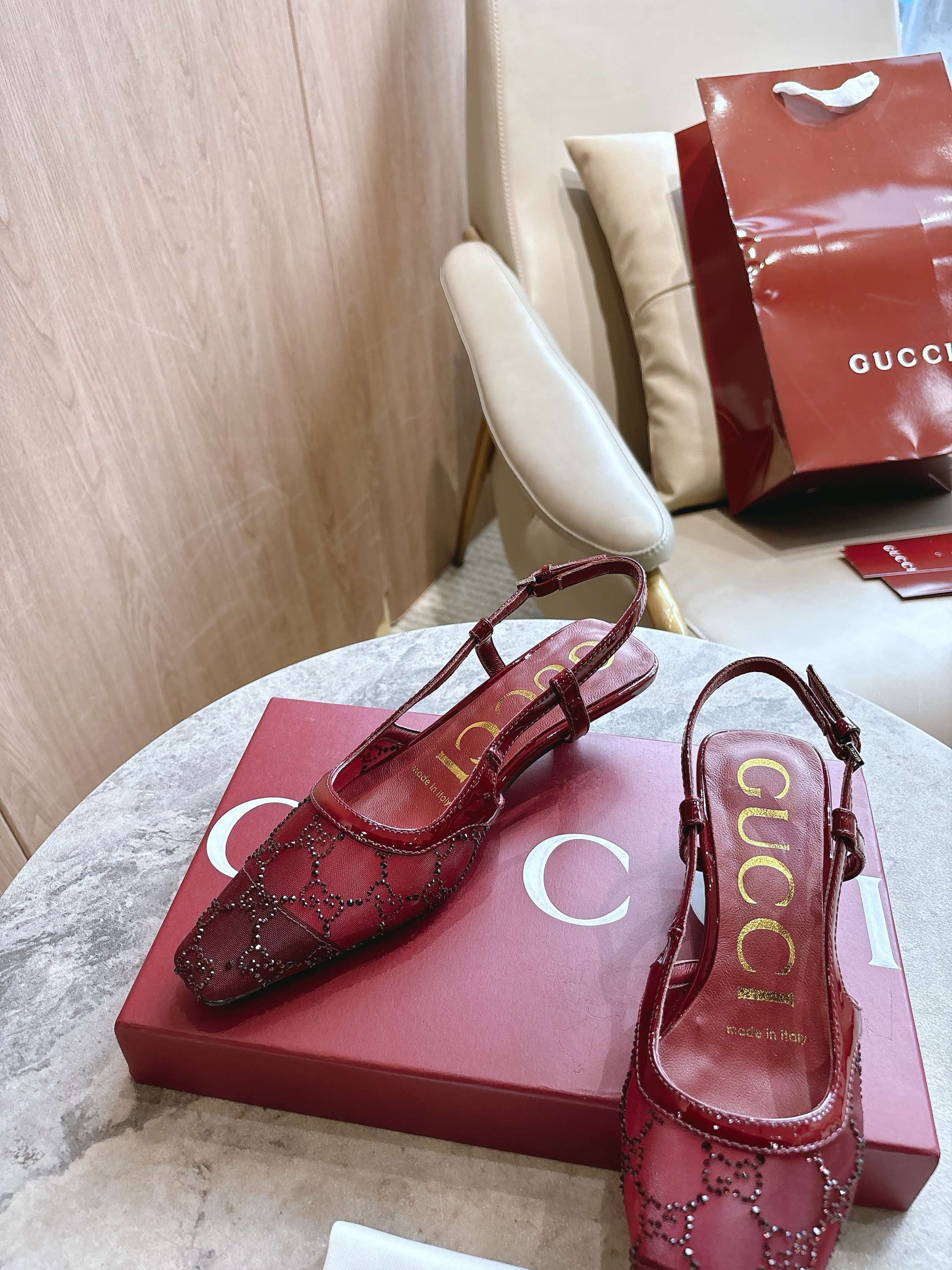 GG 2025 Crystal Slingback Pump Rosso Ancora Red Mesh Leather