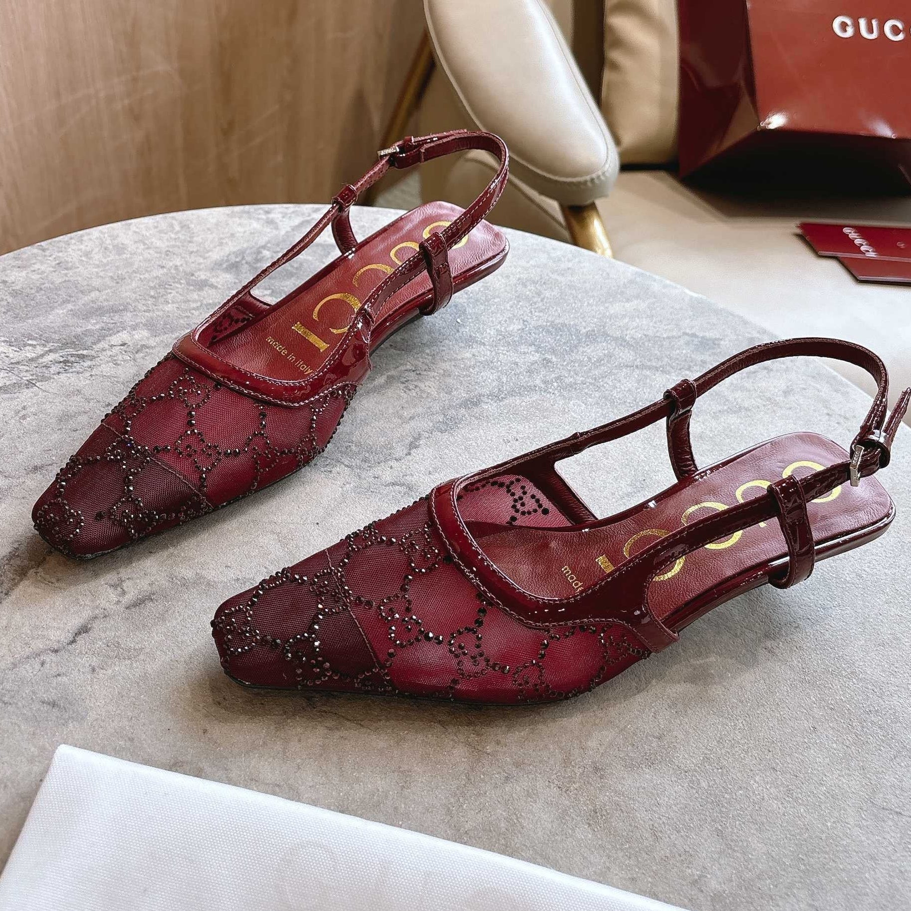 GG 2025 Crystal Slingback Pump Rosso Ancora Red Mesh Leather
