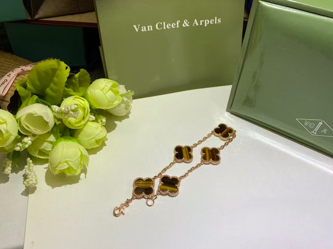 Van Cleef & Arpels Vintage Alhambra Bracelet With Five Tiger Eye Motif