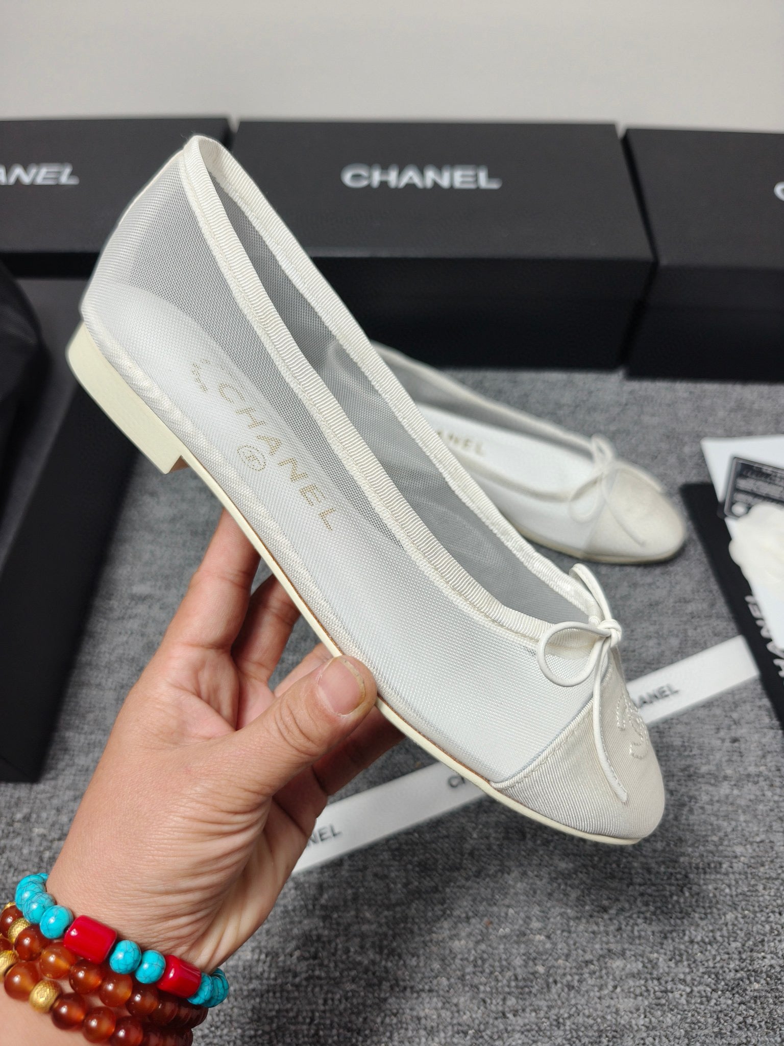 Chanel 2026 Ballet Flat White Mesh Grosgrain