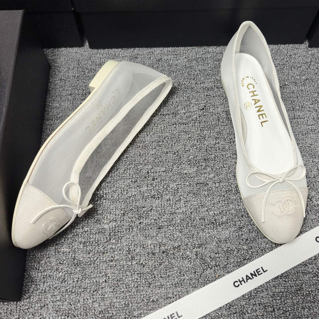 Chanel 2026 Ballet Flat White Mesh Grosgrain