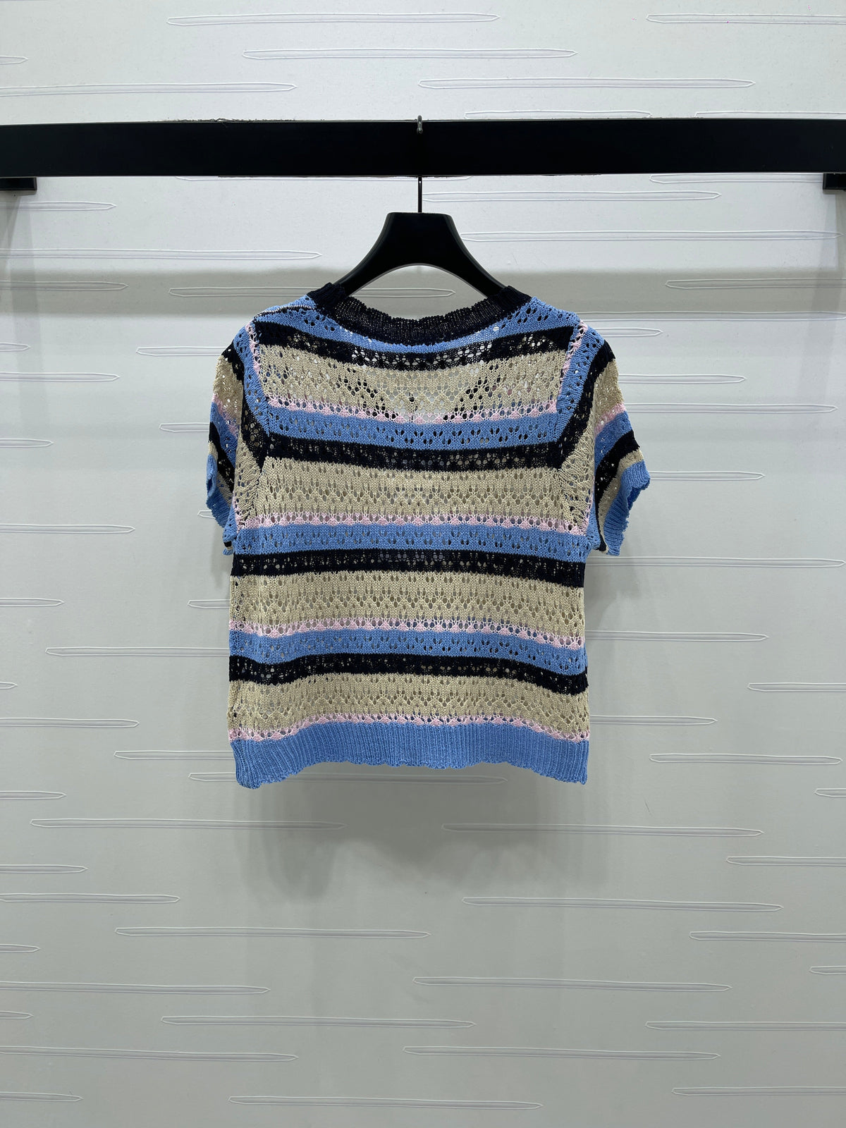 Chanel 2026 Hollow Out Knit Top Blue Beige Black Cotton