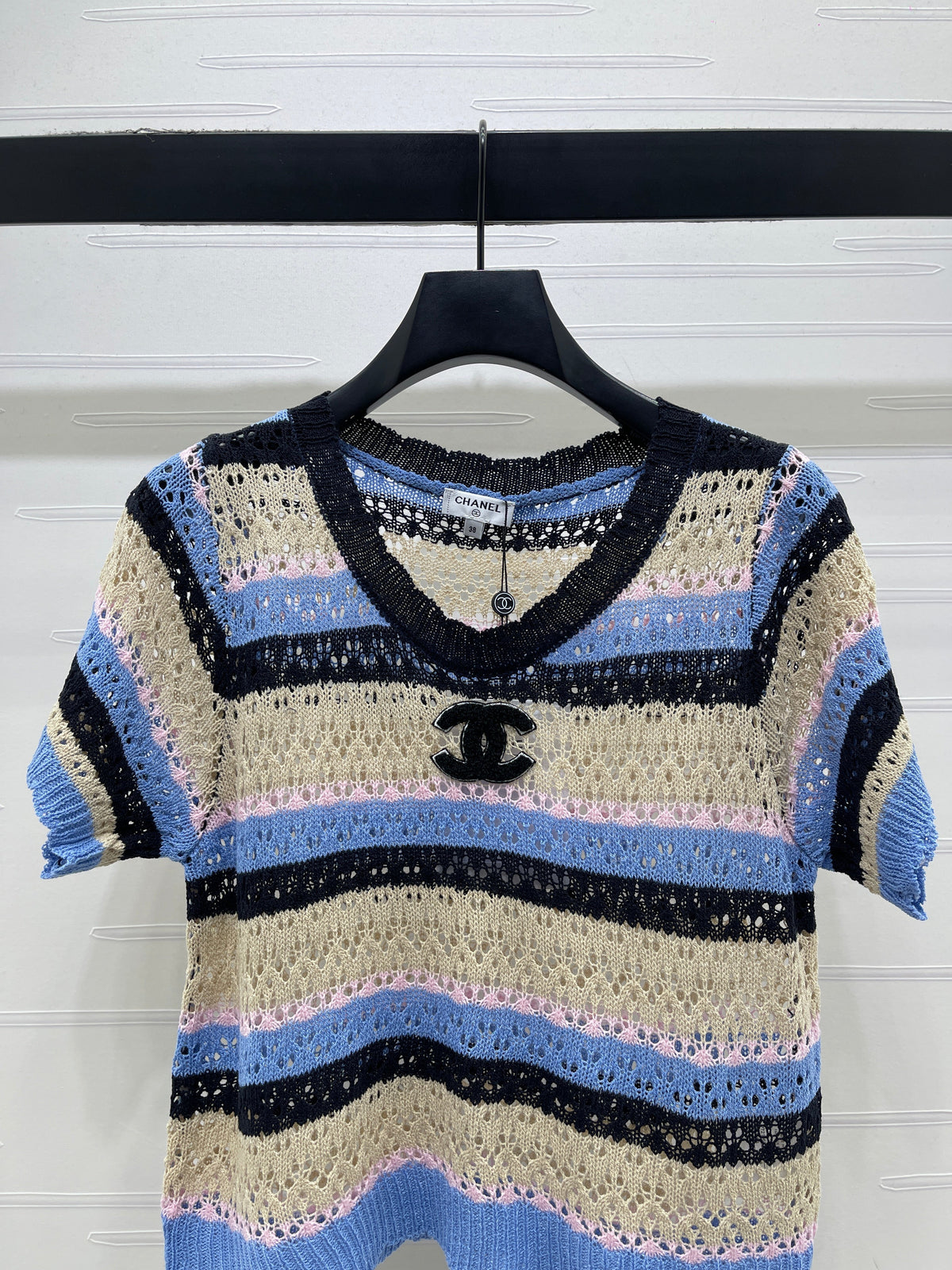 Chanel 2026 Hollow Out Knit Top Blue Beige Black Cotton