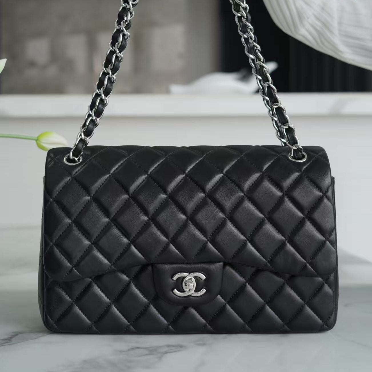 Chanel 2026 Flap Bag 30cm Black Sheepskin With Silver Hardware