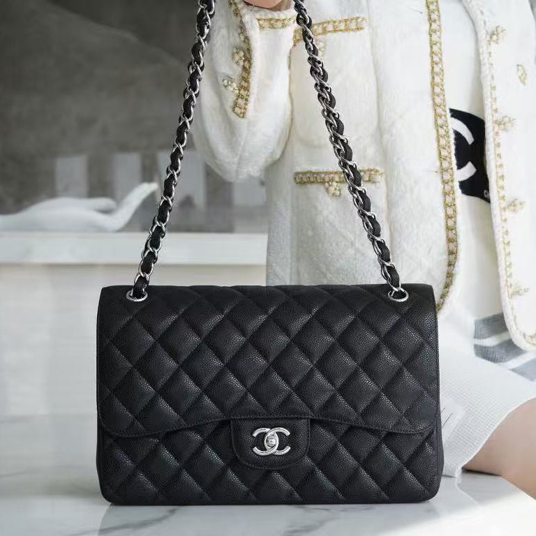 Chanel 2026 Flap Bag 30cm Black Caviar Leather With Silver Hardware