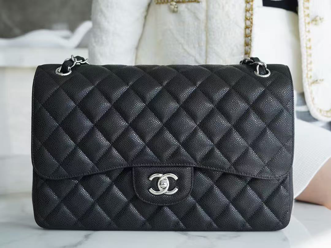 Chanel 2026 Flap Bag 30cm Black Caviar Leather With Silver Hardware