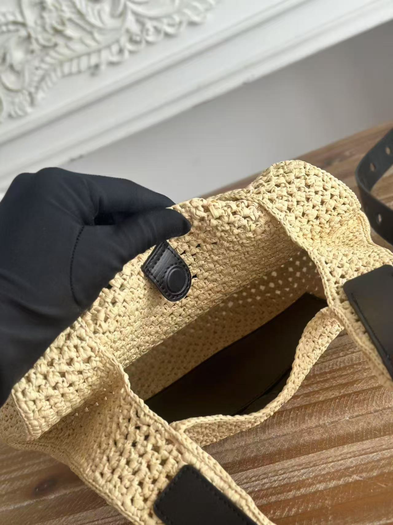 Loewe x Paula's Ibiza Small Punch Hole Hobo Bag Beige Black Raffia Leather