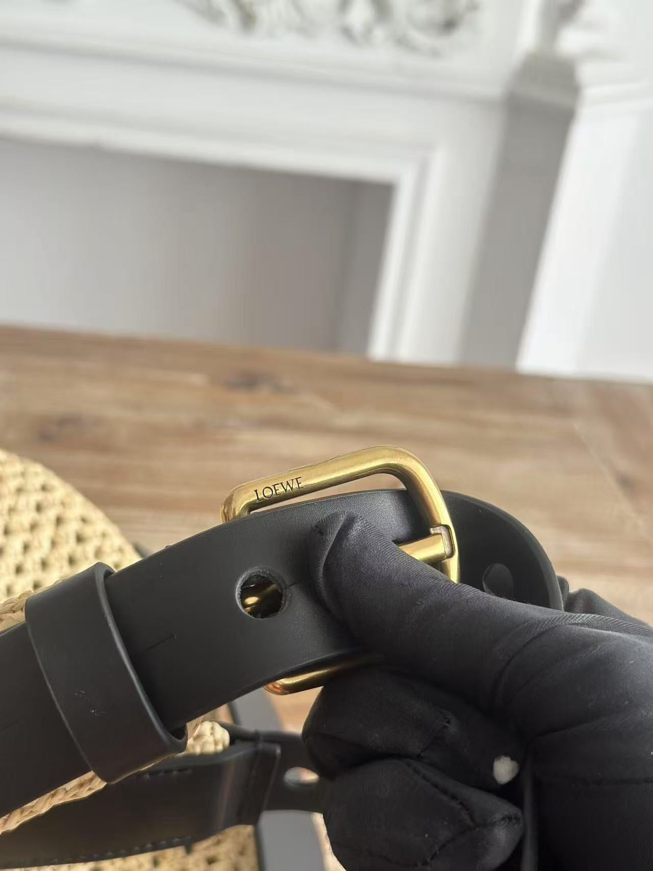 Loewe x Paula's Ibiza Small Punch Hole Hobo Bag Beige Black Raffia Leather