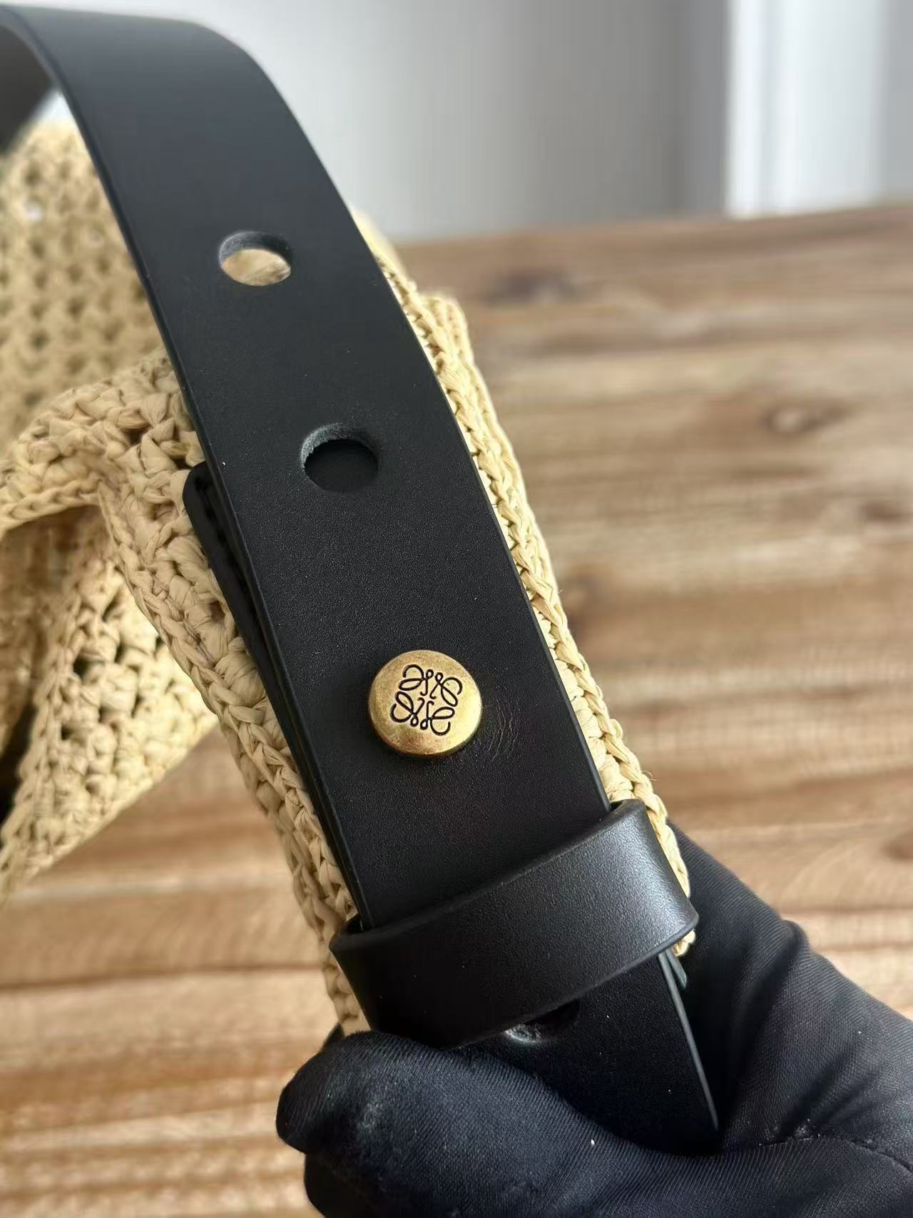 Loewe x Paula's Ibiza Small Punch Hole Hobo Bag Beige Black Raffia Leather