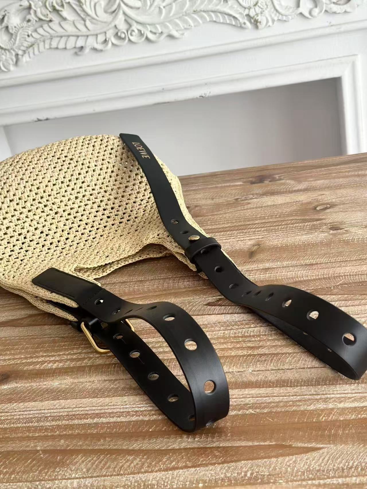 Loewe x Paula's Ibiza Small Punch Hole Hobo Bag Beige Black Raffia Leather