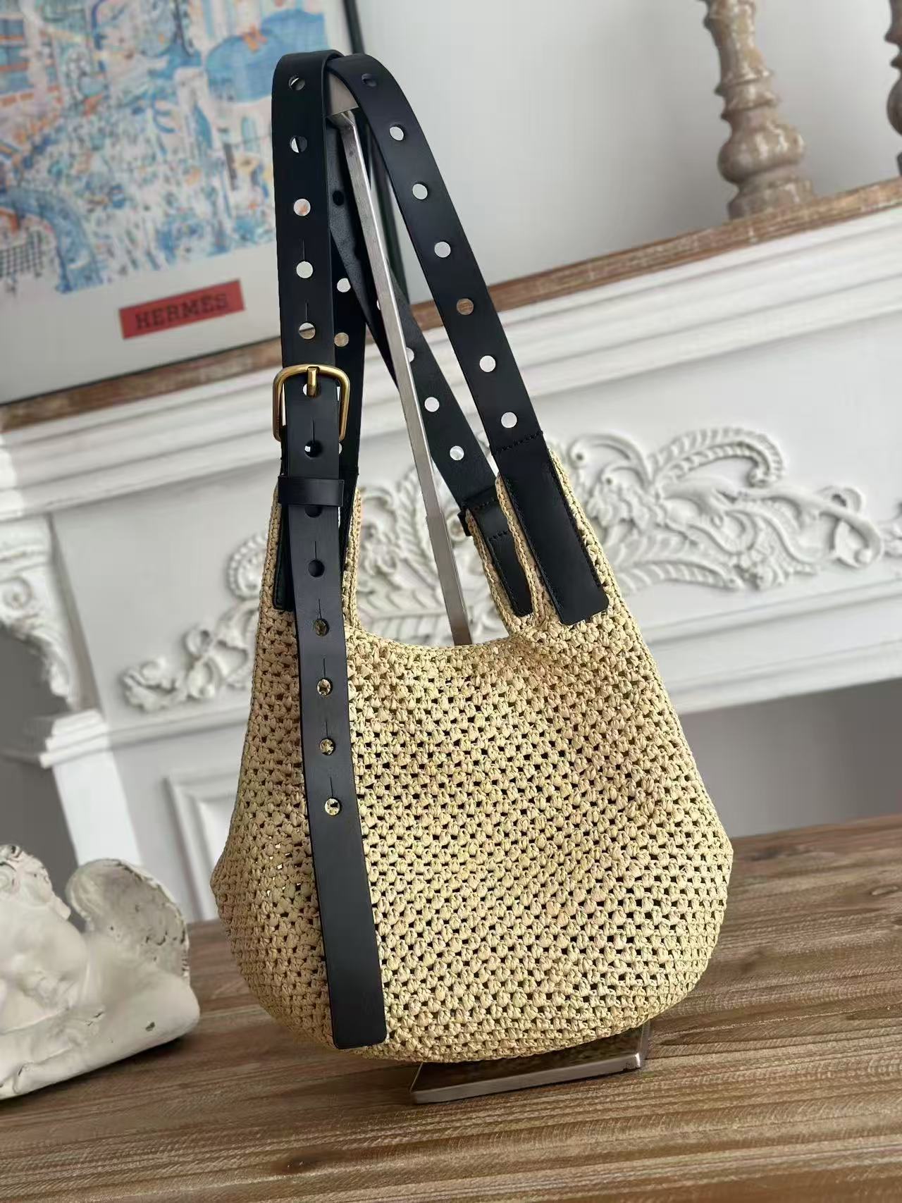 Loewe x Paula's Ibiza Small Punch Hole Hobo Bag Beige Black Raffia Leather