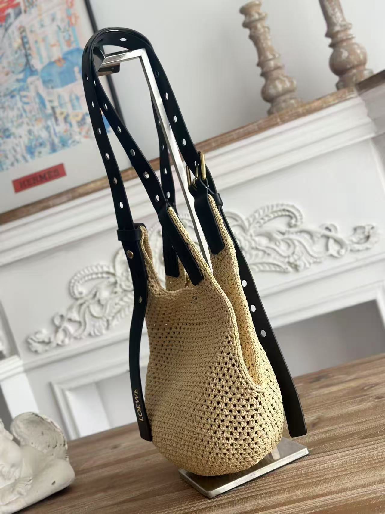 Loewe x Paula's Ibiza Small Punch Hole Hobo Bag Beige Black Raffia Leather