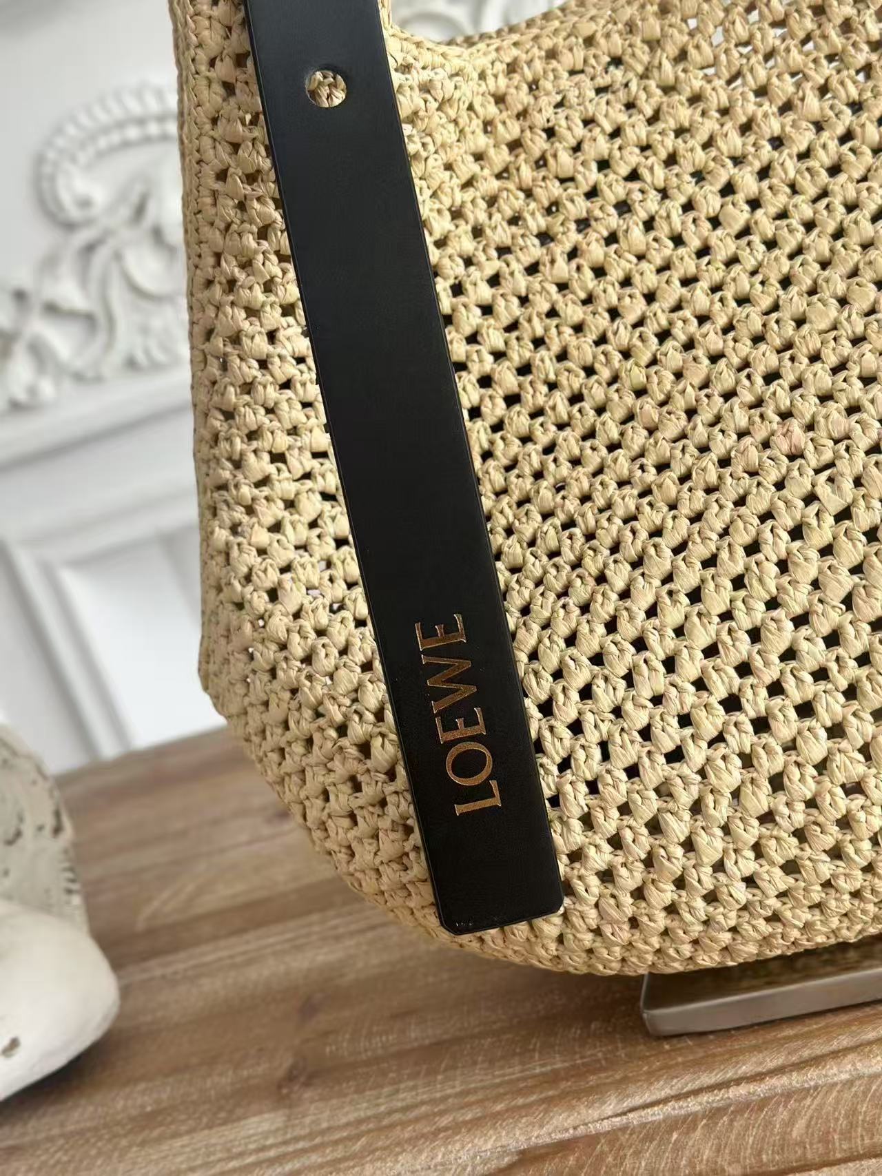 Loewe x Paula's Ibiza Small Punch Hole Hobo Bag Beige Black Raffia Leather