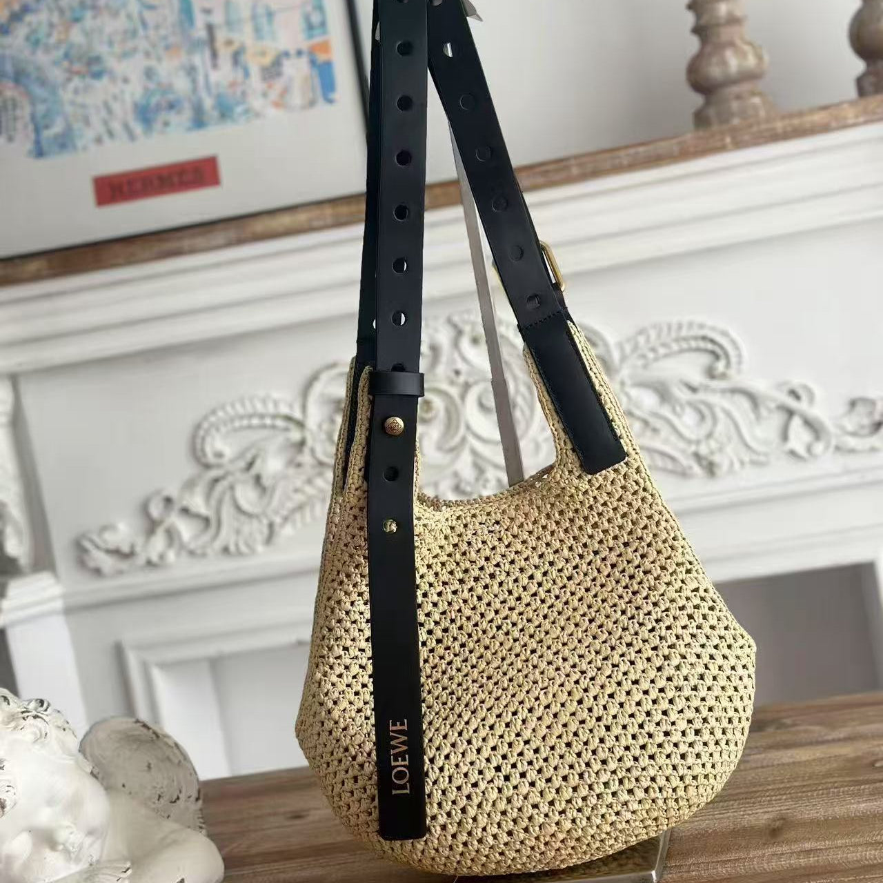 Loewe x Paula's Ibiza Small Punch Hole Hobo Bag Beige Black Raffia Leather