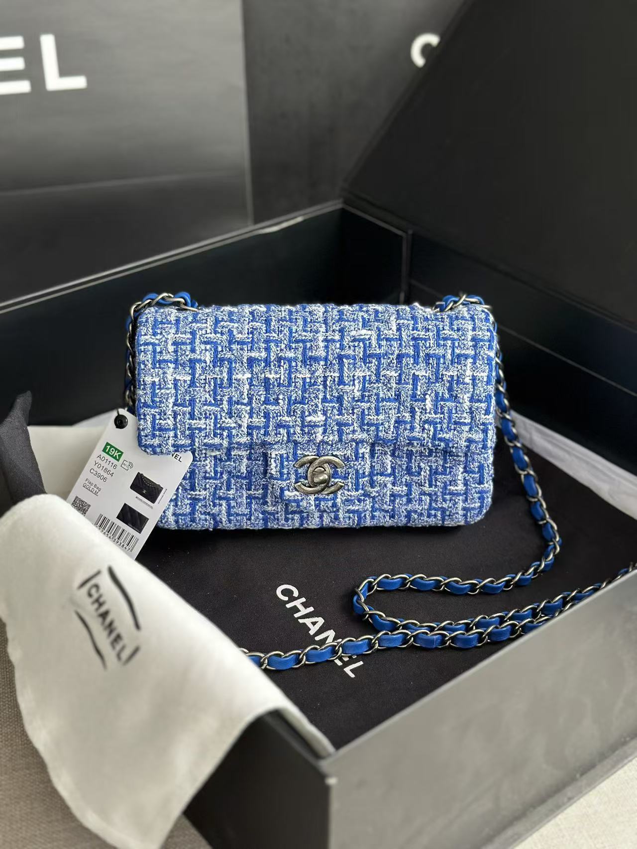 Chanel 2026 Mini Rectangular Flap Bag Blue Tweed Aged Silver Hardware