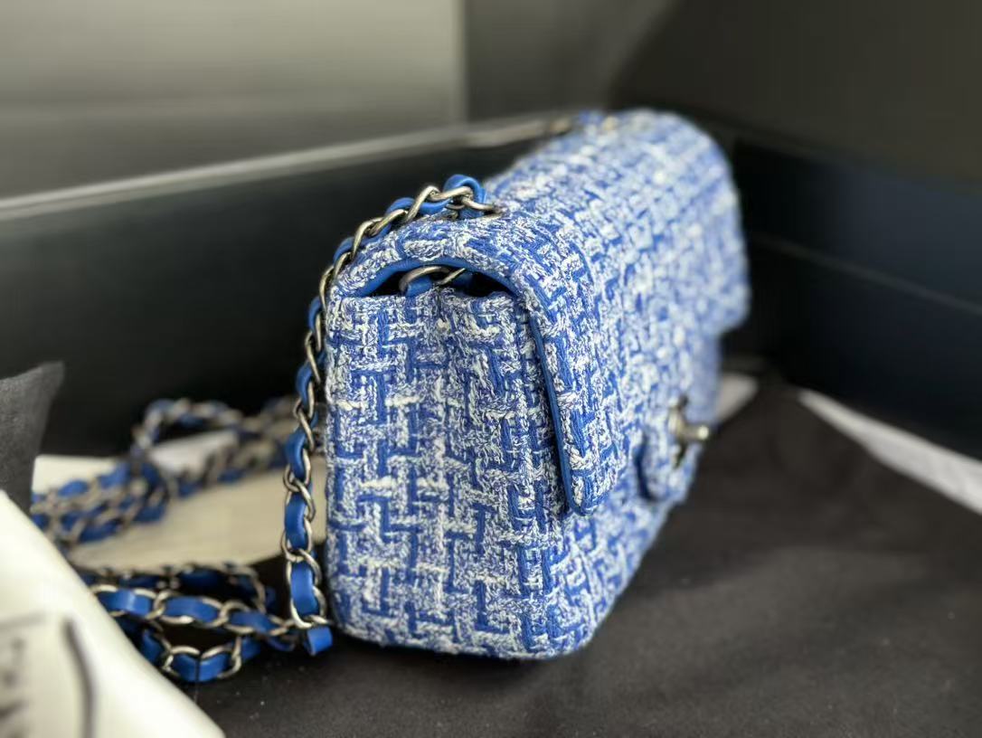 Chanel 2026 Mini Rectangular Flap Bag Blue Tweed Aged Silver Hardware