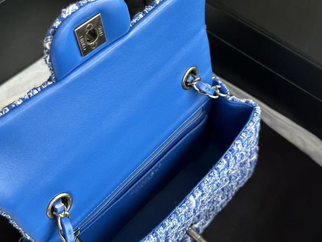 Chanel 2026 Mini Rectangular Flap Bag Blue Tweed Aged Silver Hardware