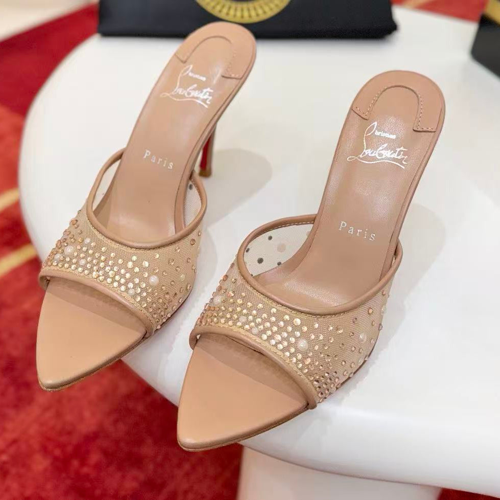 Christian Louboutin 2026 Miss Z Degrasstrass Perla 80mm Mule Beige Red Mesh Leather