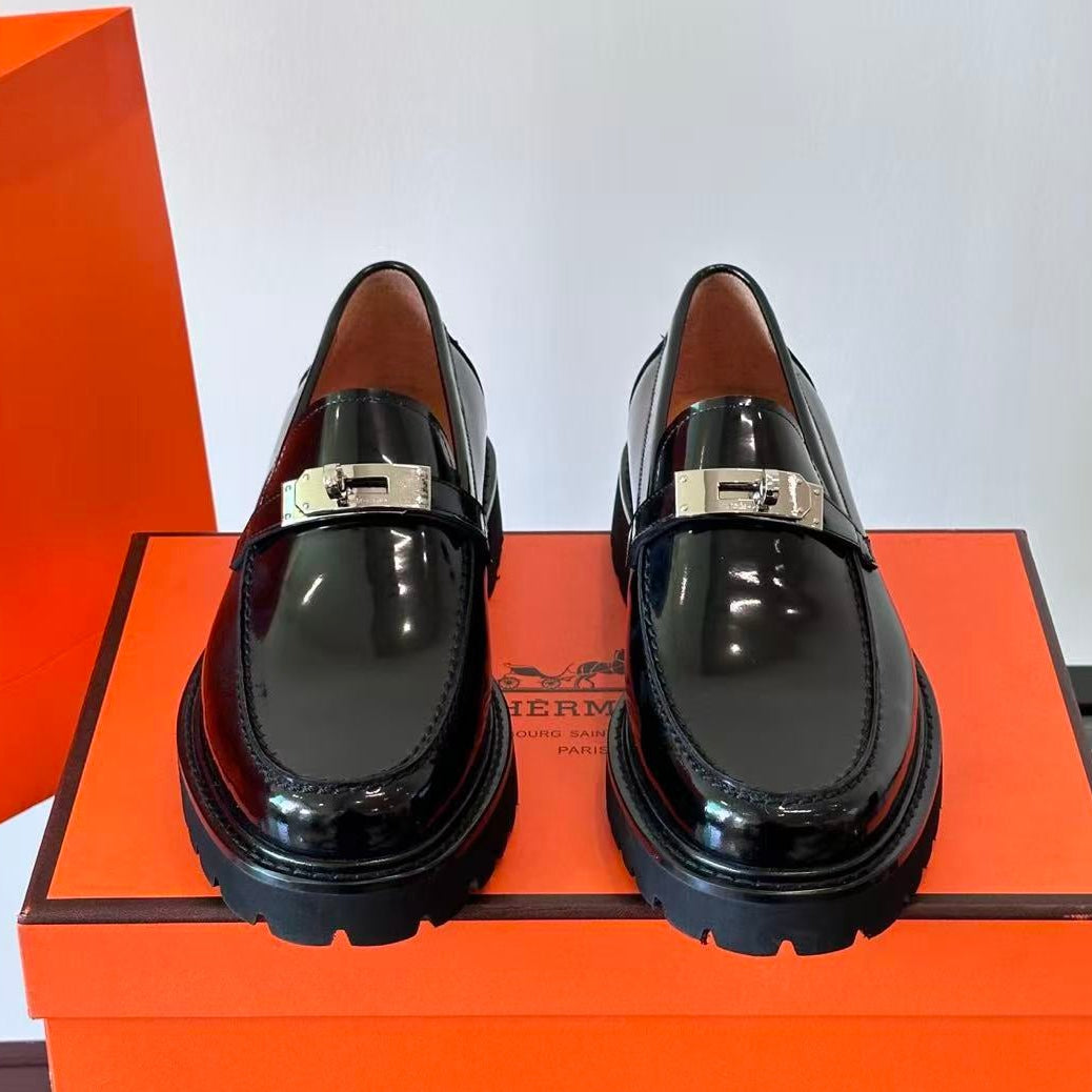 Hermes 2026 Paris Loafer Black Leather with Silver Buckle
