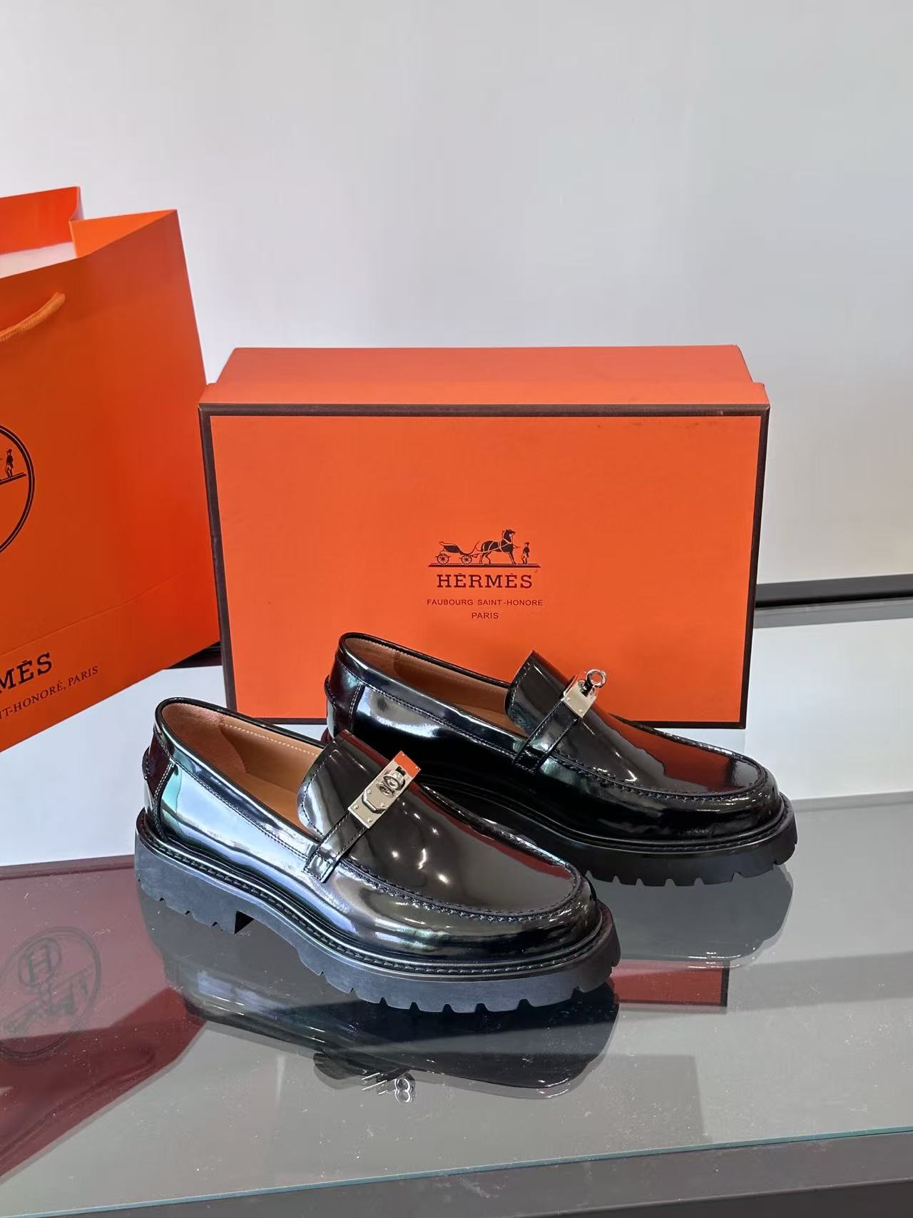 Hermes 2026 Paris Loafer Black Leather with Silver Buckle