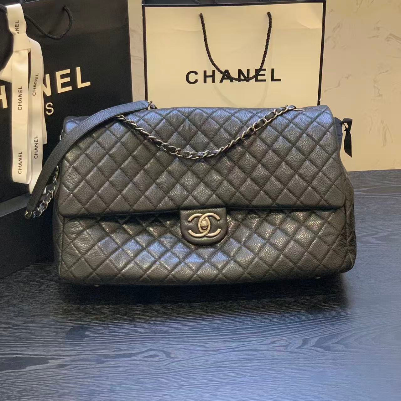 Chanel 2026 Classic Flap Bag 46cm Black Caviar Leather