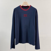 Miu Miu 2026 Long-sleeved T-shirt Navy Blue Red Cotton