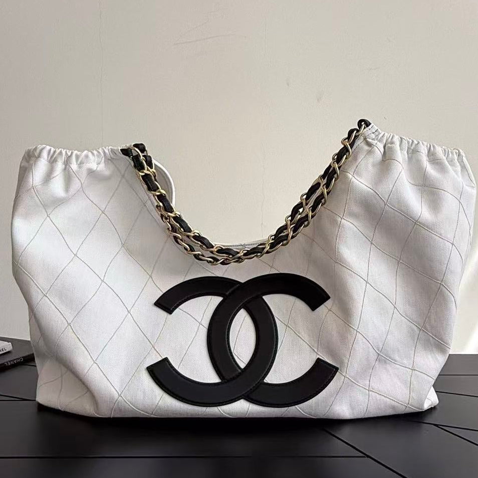 Chanel 2026 Bag 43cm White Black Denim Leather