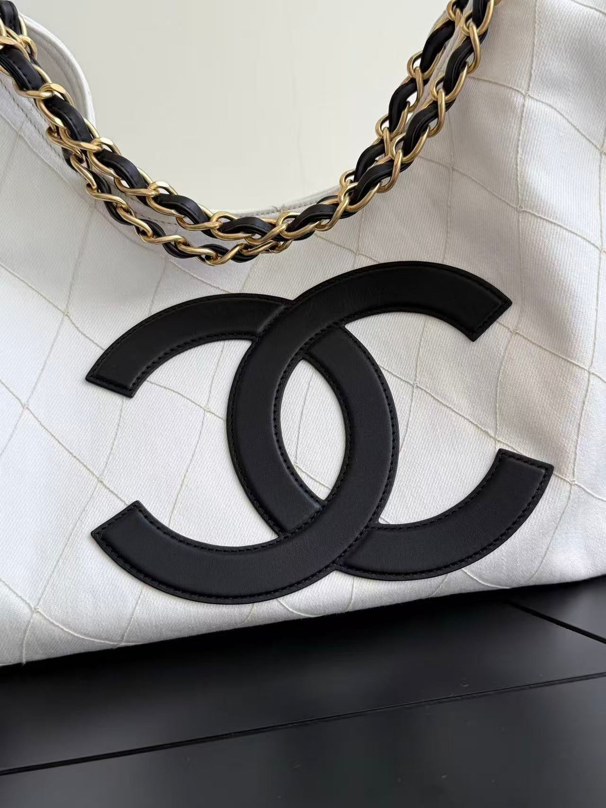 Chanel 2026 Bag 43cm White Black Denim Leather