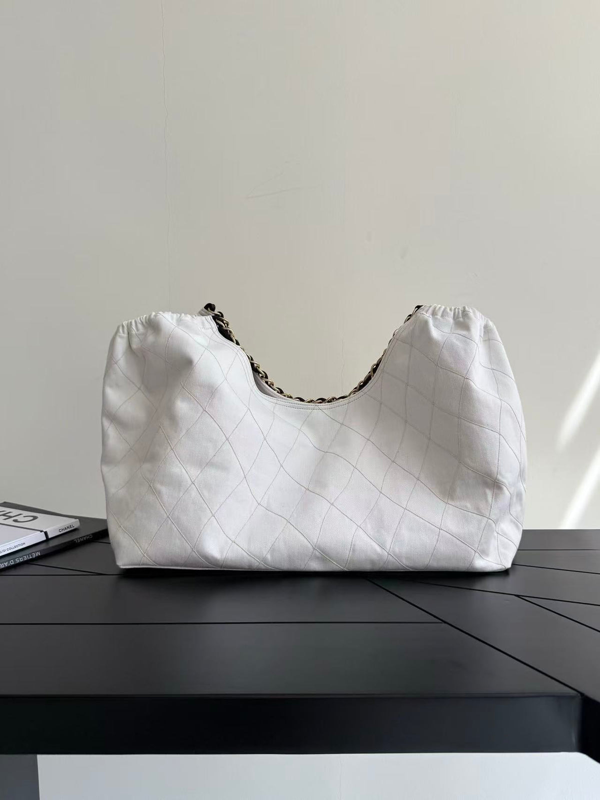 Chanel 2026 Bag 43cm White Black Denim Leather