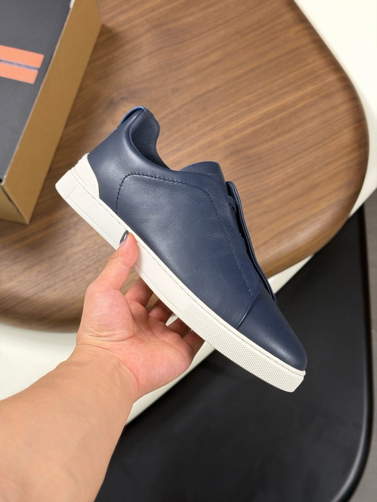Zegna 2026 Triple Stitch Sneaker Navy Blue White Sheepskin