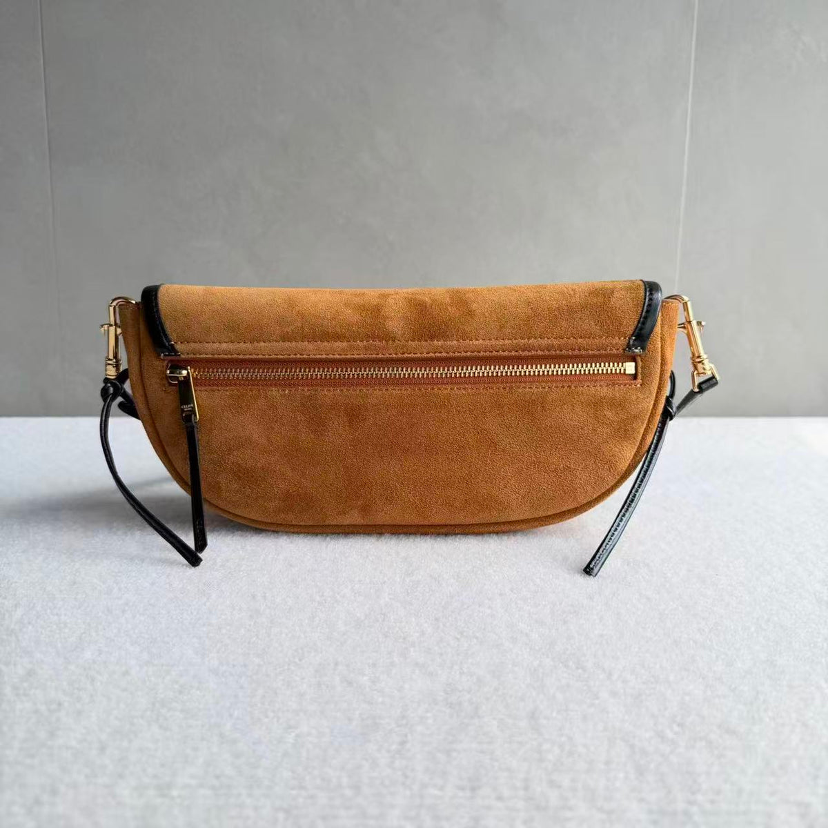Celine 2026 Little Halfmoon Soft Triomphe Camel With Black Suede Calfskin