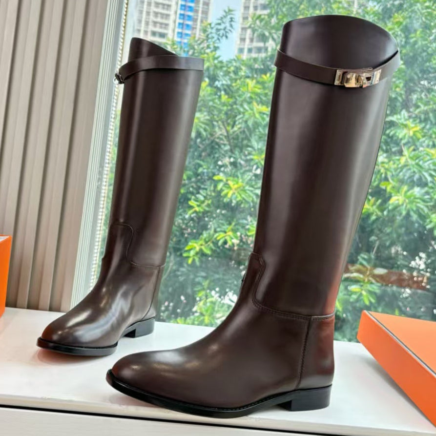 Hermes 2026 Jumping Silver Buckle Boots Dark Brown Leather