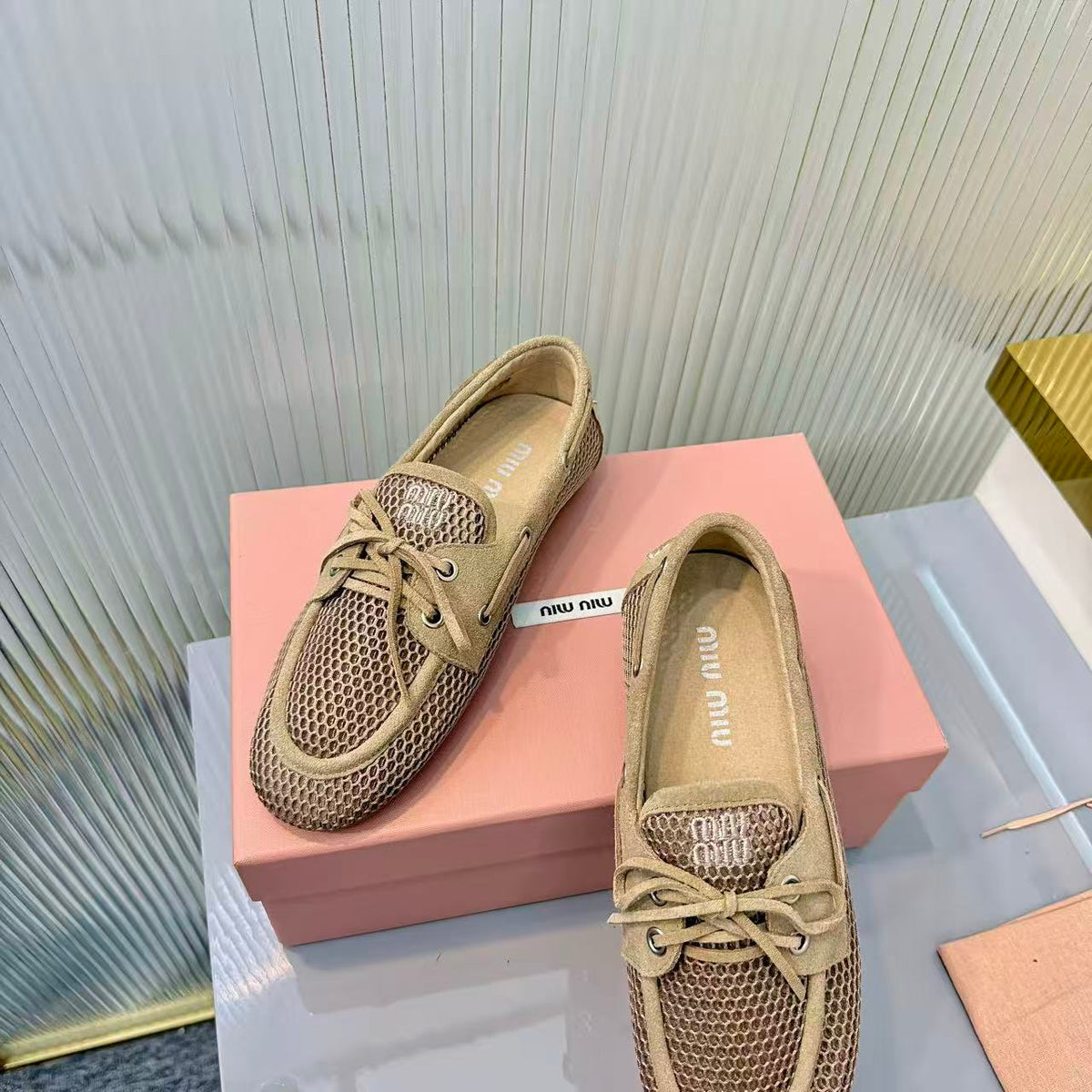 Miu Miu 2026 Mocassin Beige Suede Mesh