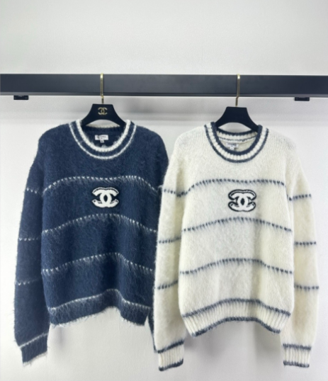 Chanel 2025 Fuzzy Striped Sweater Blue and White Wool 329253